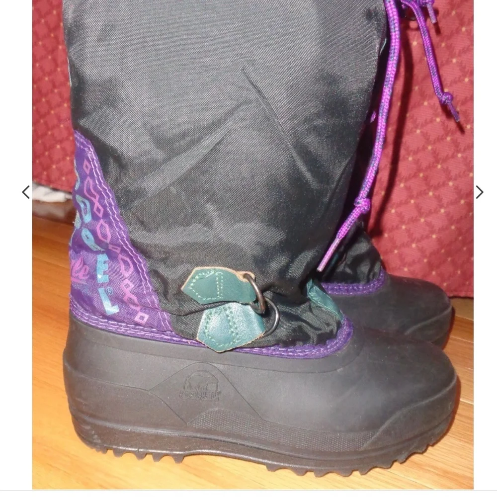 Sorel Girl Snow Boots Size 2 Youth Black Purple Removable Liner Winter